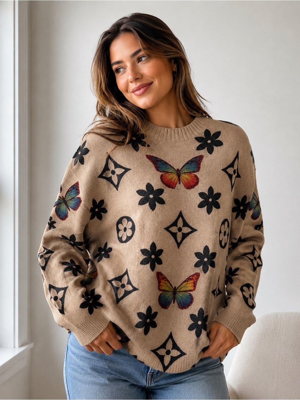 Butterfly Floral Mock Neck Fuzzy Knit Sweater Beige Black Size Large